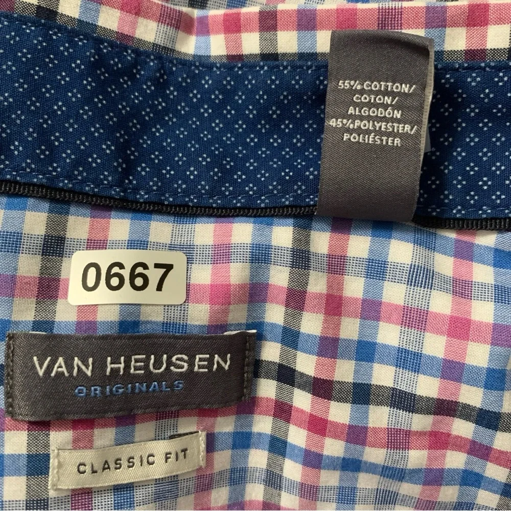 Van Heusen Shirt Men's XXL Classic Fit Long Sleeve Flip Cuff Button Up Pink Blue